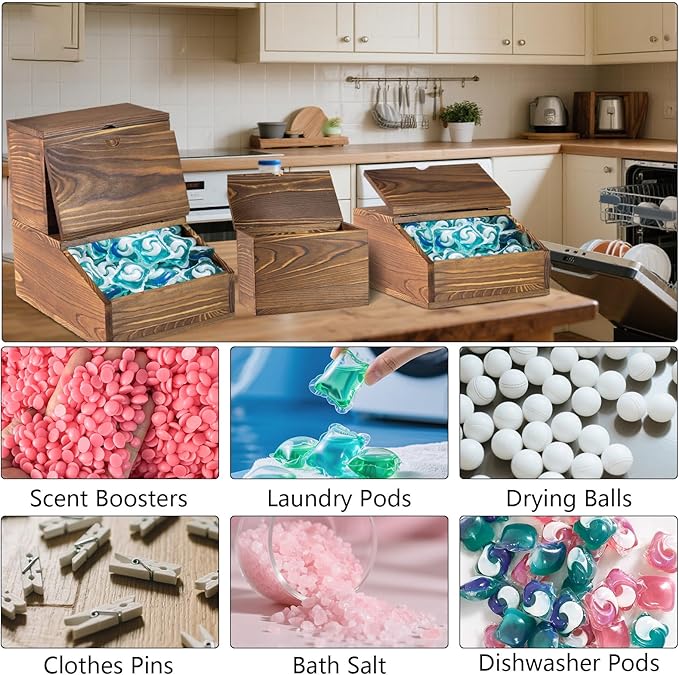 Wooden Laundry Dishwasher Pods Container,Multi-Use Dishwasher Pods Holder & dryer sheet holder, Storage with Spoons for Laundry Room & Kitchen Organization