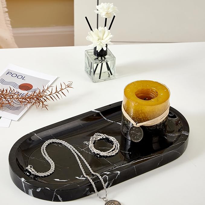 Denique Natural Marble Bathroom Tray, 12"x6" Vanity Tray Black Marble Decorative Tray, Countertop Organizer for Perfume & Candles, Jewelry Dish Ring Holder for Bathroom Counter, Vanity, Dresser