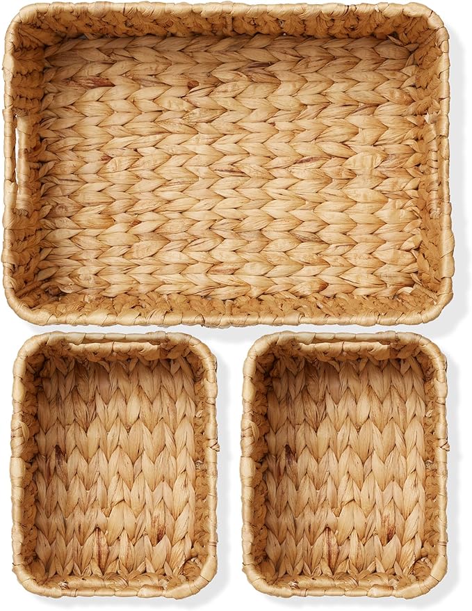 Casafield Set of 3 Water Hyacinth Storage Baskets for Shelves - 1-Large, 2-Small Woven Organizers with Handles for Bathroom, Laundry, Pantry, Office