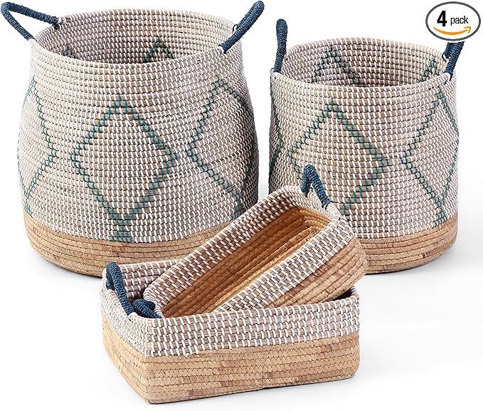 4 Pack Laundry Baskets and Woven Storage Basket for Organizing, 49L Seagrass Blanket Basket, 29L Storage Bin with Handles, 10.7L & 7.6L Cube Storage Baskets for Shelves - Blue