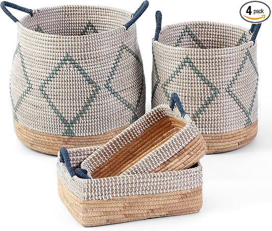 4 Pack Laundry Baskets and Woven Storage Basket for Organizing, 49L Seagrass Blanket Basket, 29L Storage Bin with Handles, 10.7L & 7.6L Cube Storage Baskets for Shelves - Blue