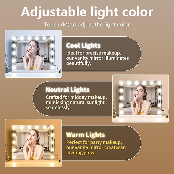Vanity Mirror with Lights Lighted Makeup Mirror with Dimmable LED Bulbs,3 Color Lighting Modes,USB Charging Port Touch Control,Sturdy Metal Frame Design,White (50x40cm, 4.70)