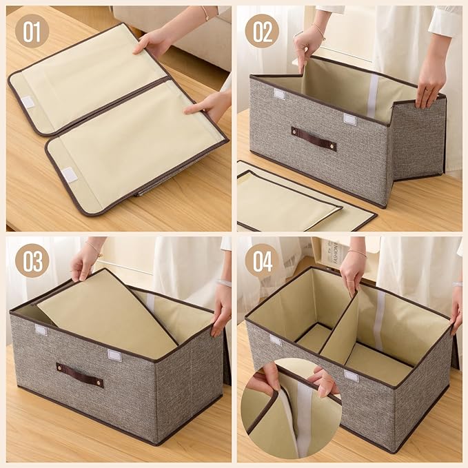 Linen Storage Boxes with Removable Dividers, 2-Pack Large Foldable Organizer Bins, Gray Fabric Containers with Handles for Clothes, Blankets, Underwear Storage (Green, 2Pack*15L)