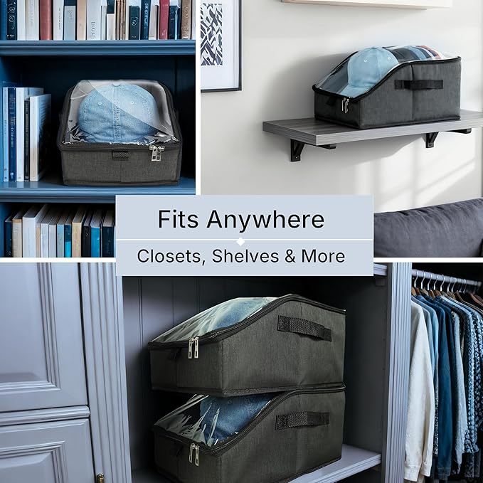 Hat Organizer for Baseball Caps, Hat Storage Holder Container for Closet Hold Up to 15 Caps with Clear Window, Hat Boxes for Home Storage (2 Pcs Dark Gray