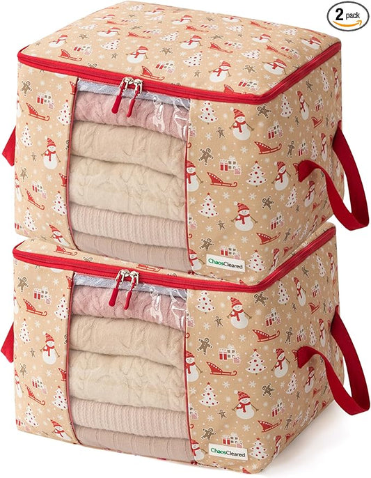Canvas Storage Bags Designer Organizer 2 Pack – Seasonal Storage for Sweaters, Blankets, Linens & Garments – Foldable Design with Zip & Window, Moth-Proof Space Saver, Snowman Print