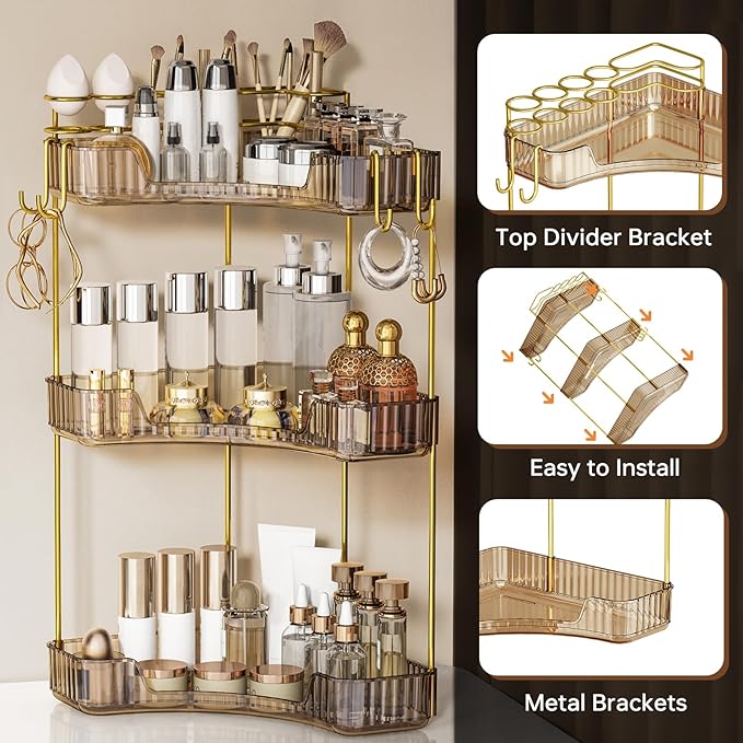 3-Tier Corner Bathroom Counter Organizer，Makeup & Skincare Shelf with Built-in Brush Holder，Space-Saving Bathroom Countertop Organizer for Skincare, Perfume, Cosmetics(Green)