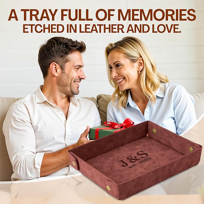 Engraved PU Leather Valet Tray – Personalized Light Coffee Catchall with Custom Name – Organizer for Keys, Wallet, Jewelry – Meaningful Gift for Couples, Home, Office
