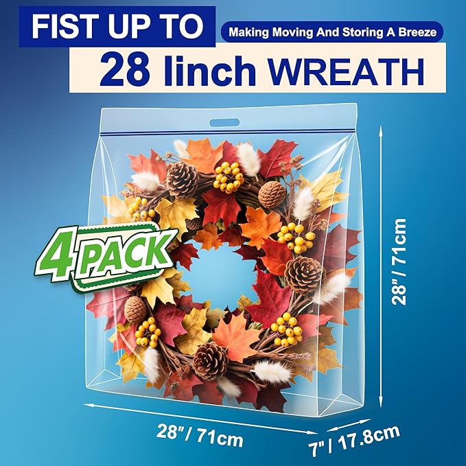Extra Large Wreath Storage Bag, 28"x28"x7", Clear Storage Bag with Handle, Summer Christmas Decoration Garland Container for Seasonal Thanksgiving Holiday Artificial Wreath, 4 Pack