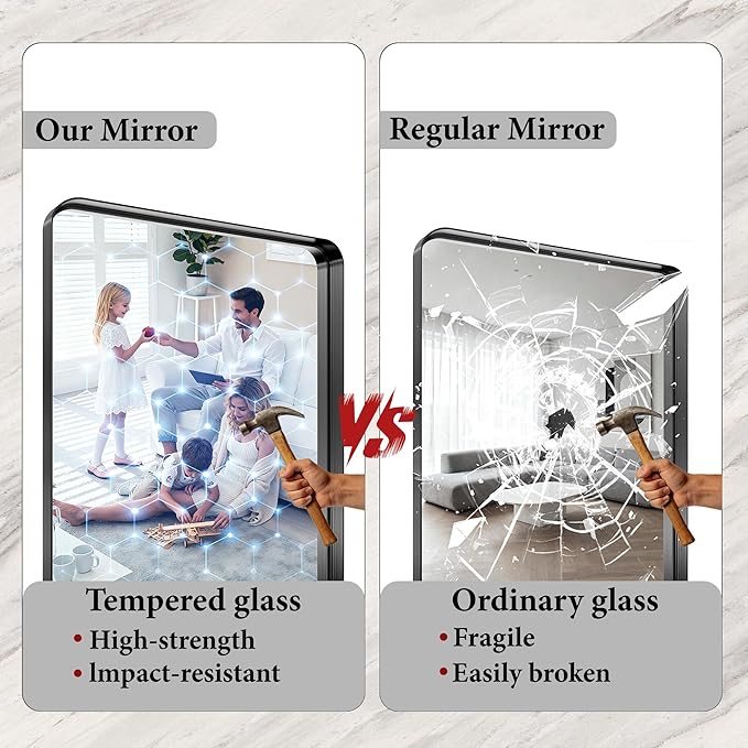 Bathroom Mirror for Wall, 30x22 Inch Rectangle Mirror,Matte Black Metal Framed Bathroom Vanity Mirror for Restroom Farmhouse, HD Tempered Glass,Anti-Rust Aluminum Alloy Mirror
