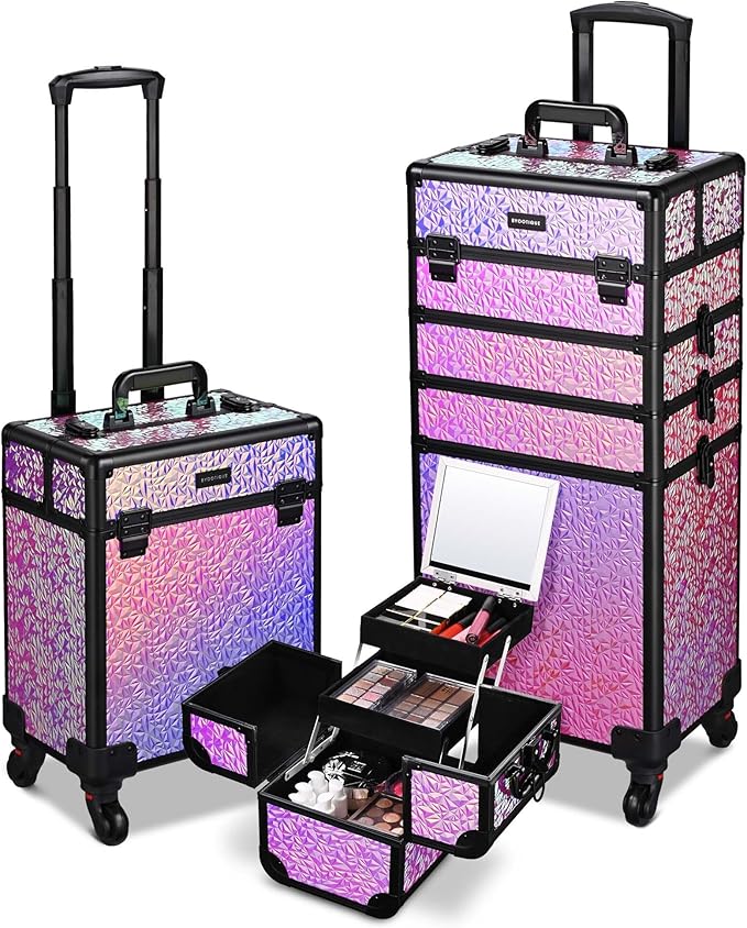 BYOOTIQUE Rolling Cosmetology Case on Wheels 3-Piece Lockable Makeup Organizer Kit Nail Tech Storage Cart Hair Tool Travel Bag for Lash Artist Nail Slon Beauty Hairstylist,Mermaid Pink