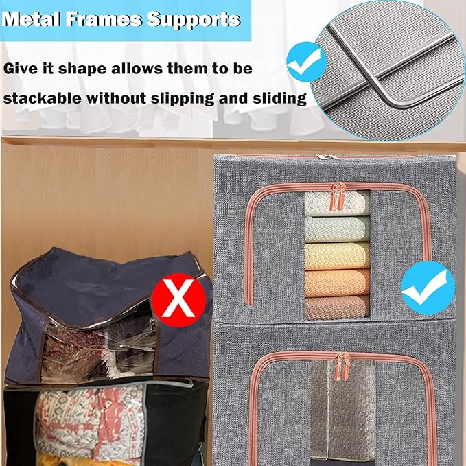 Large Capacity Clothes Storage Bags,Stackable Storage Organizer with Foldable Metal Frame, 2-Way Zipper, Handles, Clear Window for Clothes, Bedding, Seasonal Storage (3Pack, 66L)