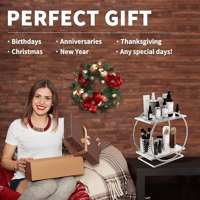 Perfume Organizer for Bedroom Dresser- Sliver Makeup Organizers for Vanity, 2 Tier Bathroom Countertop Organizer Perfume Tray Skincare Storage Cosmetic Display Rack, Make Up Counter Shelf