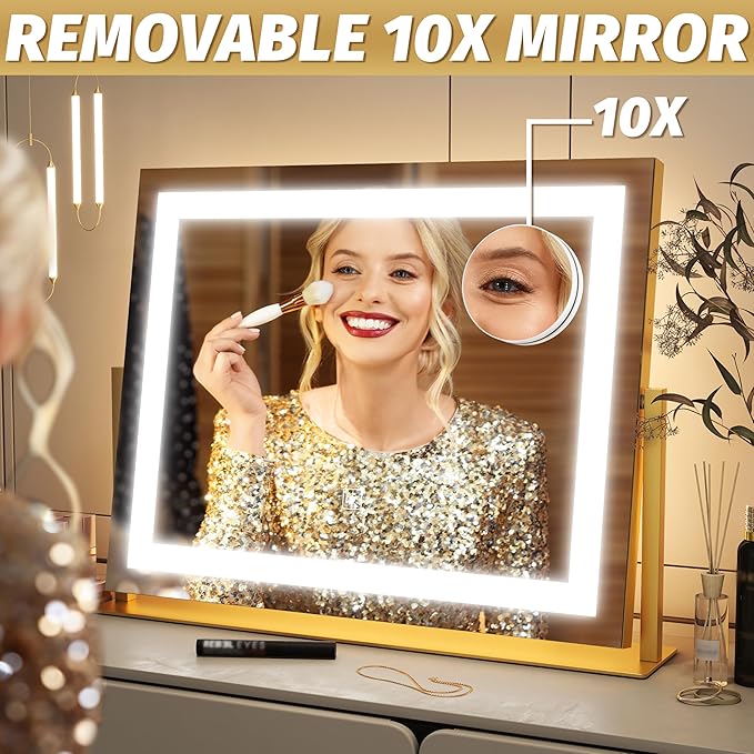 FENNIO Vanity Mirror with Lights 22''x18'' Makeup Mirror with Lights,Lighted Makeup Mirror with 10X Magnification ，Smart Touch Screen with 3-Color Lighting,Dimmable（Square Gold）