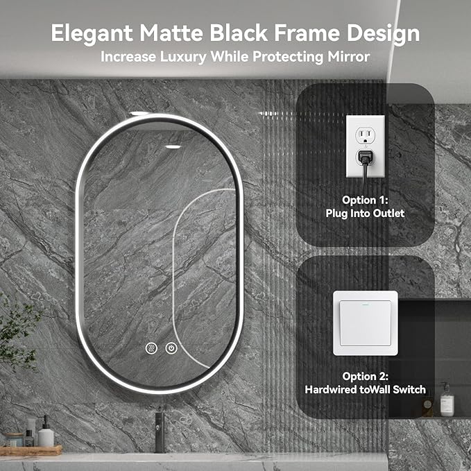 Led Bathroom Mirror with Lights, 24'' x 40'' Oval Heavy Duty Aluminum Frame Bathroom Vanity Mirror with Lights, 3 Colors, Brightness Stepless Dimmable, Anti-Fog, Memory Function, Single LED Black
