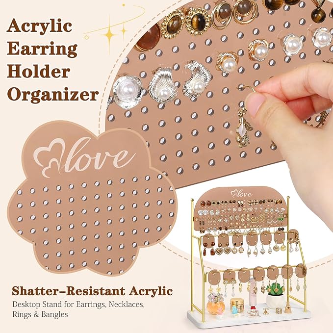 Keebofly Acrylic Earring Organizer Stand with 14 Hooks, Cute Girly Earring Holder for Girls/Teens/Kids – Jewelry Display for Vendors, Vanity Desk Stores Studs/Hoops/Dangles/Necklaces/Bracelets Glod