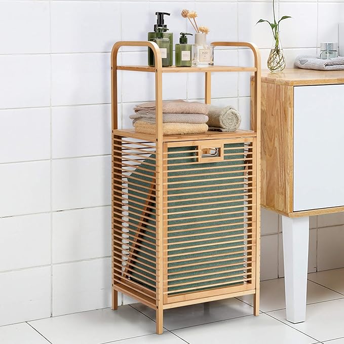 Giantex Laundry Hamper Tilt-Out Laundry Linen Hamper Bamboo Freestanding Clothes Basket W/Shelf & Removable Liner, Storage Laundry Shelf for Bathroom Living Room Bedroom, Natural