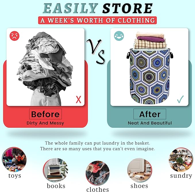 Boho Blue Green Mandala Tile Laundry Hamper Foldable With Handles Colorful Tote Bag Oxford Cloth Laundry Basket Clothes Toy Storage Bucket 18.9" x 16.5" For Bathroom/Laundry/Bedroom