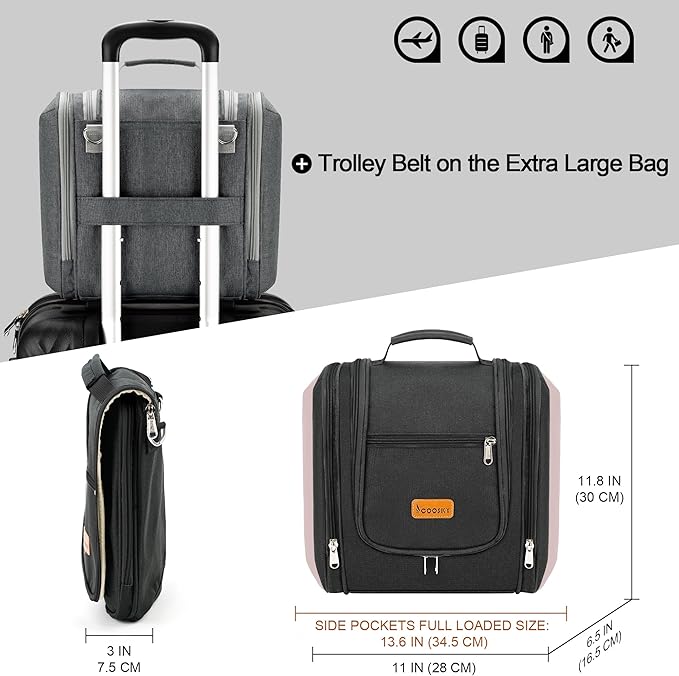 Travel Hanging Toiletry Bag for Women and Men, 6 Organizer Compartments, Holds Full Size Bottles, Extra Large Cosmetic Accessories, Makeup essentials, Bathroom Water-resistant Toiletries Bag, Black