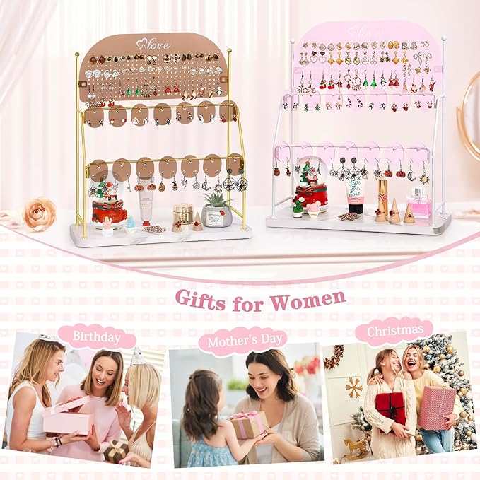 Keebofly Acrylic Earring Organizer Stand for Girls & Teens, Large 300 Holes & 14 Hooks Jewelry Display Holder for Studs, Hoops, Dangles, Necklaces & Bracelets, Vanity Desk Storage Decor, Pink