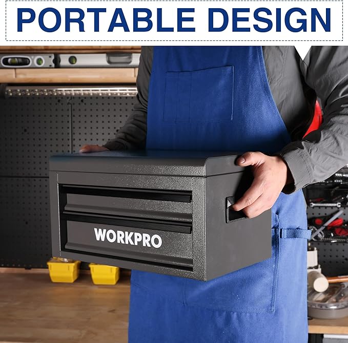 WORKPRO 15 Inch Metal Tool Box with 2 Drawers & 1 Top Storage, Heavy Duty Portable Tool Box with Handle for Garage, Office and Home, Up To 85 LBS Load Capacity