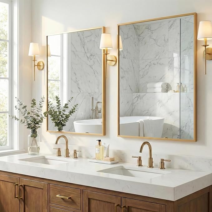 24''x36'' Gold Bathroom Mirror | Antique Brass Deep-Set Recessed Metal Frame | Heavy-Duty Rectangular Wall Mirror | Traditional Mantel & Bedroom Decor