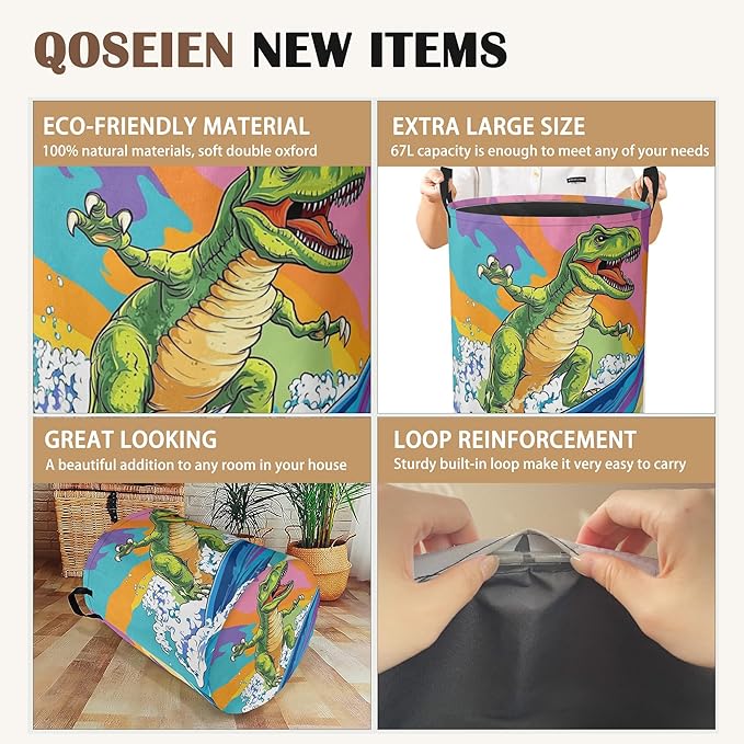 Laundry Basket,Dinosaur Surfing on Sea Collapsible Laundry Baskets,Waterproof Oxford Hamper with Handles for Bathroom Bedroom Nursery Home Storage 16"x20"