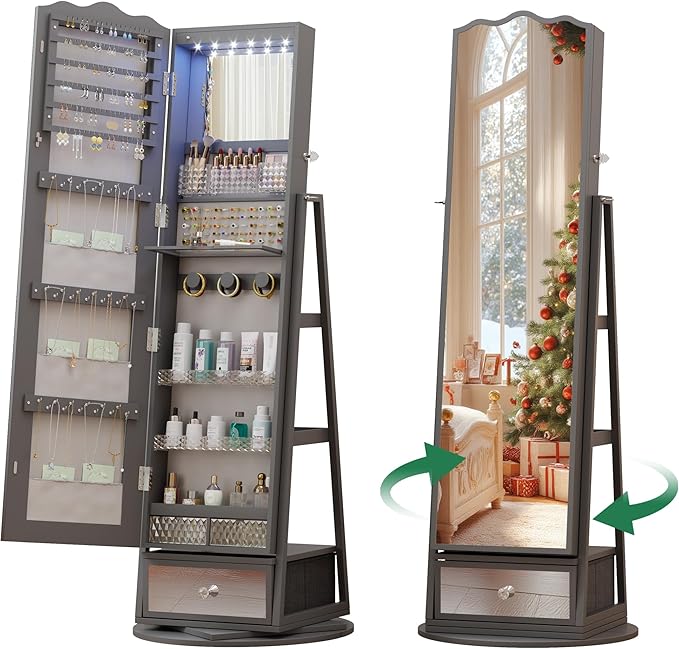 HNEBC 360° Rotating Jewelry Cabinet with Lights, Standing Jewelry Armoire with Mirror, Full Length Mirror with Jewelry Storage, Lockable Lagre Jewelry Organizer Stand for Bedroom, Cloakroom (Grey)