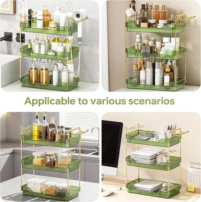 Bathroom Counter Organizer with Hair Dryer Holder and Toothbrush Holder, Acrylic Vanity Tray for Skincare, Perfume, Makeup Storage on Countertop ＆ Dresser (Green, 3-Tier)