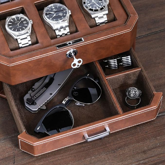 Gift Set 6 Slot Leather Watch Box with Valet Drawer - Luxury Watch Case Display Organizer, Microsuede Liner, Locking Jewelry Box, Mens Storage Boxes Holder Large Glass Top (Tan/Brown Gift Set)