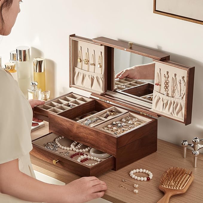 Wooden Jewelry Box for Women, 3 Level Multi-functional Drawers Black Walnut Jewelry Organizer Box, Watch, Necklace, Ring, Earring Storage Valentine's Day Gifts(With Mirror B)