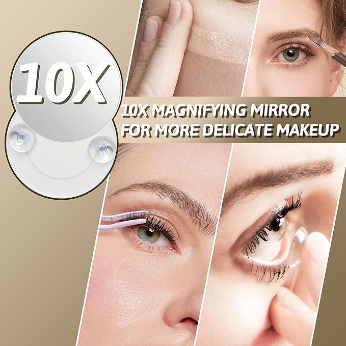 FENNIO Vanity Mirror with Lights, 12" x 16" Lighted Makeup Mirror with Smart Touch Control, 3 Color Modes & Brightness Adjustable, LED Makeup Mirror with 10X Magnification, 360° Rotation for Bedroom