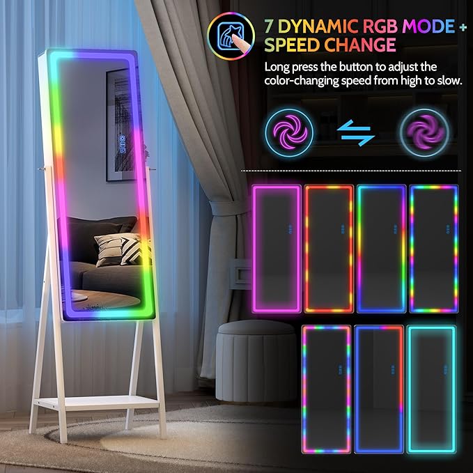 LVSOMT LED Mirror Jewelry Cabinet, Large Jewelry Armoire Cabinet Standing, Lockable Full Length Mirror with Jewelry Storage, Space-Saving Jewelry Organizer Mirror, 14 RGB Lights, White