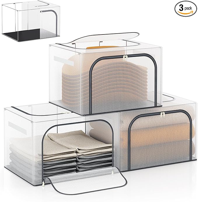 Large Size 66L 3 Pack Clothes Storage Bin with Metal Frame, Stackable & Foldable Box with Lids, Closet Organizers And Storage For Bedding, Cap, Sweater (Fully Transparent)