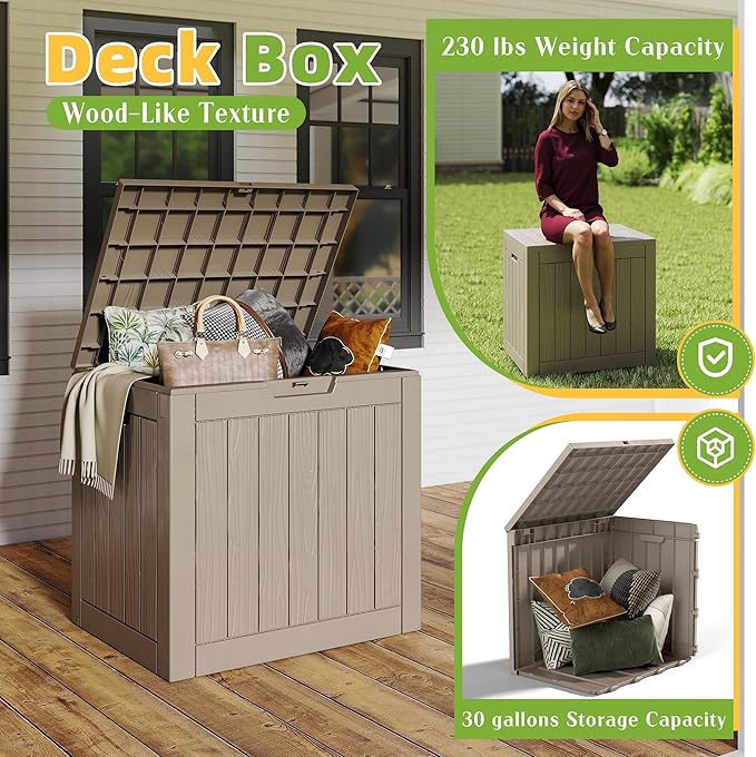 Vixzen 30 Gallon Waterproof Resin Deck Box, UV Resistant Outdoor Storage for Garden, Patio, Porch, Delivery, （Grey，30 Gallon）