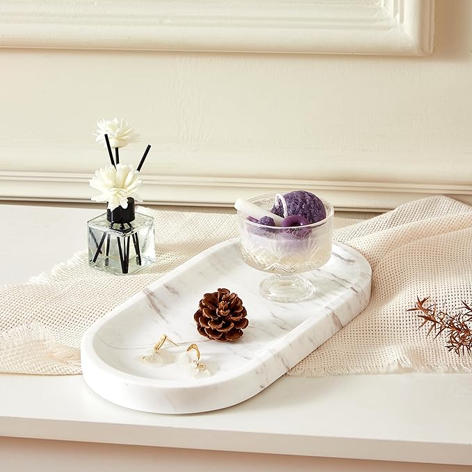 Denique Natural Marble Bathroom Tray, 12"x6" Vanity Tray White Marble Decorative Tray, Countertop Organizer for Perfume & Candles, Jewelry Dish Ring Holder for Bathroom Counter, Vanity, Dresser