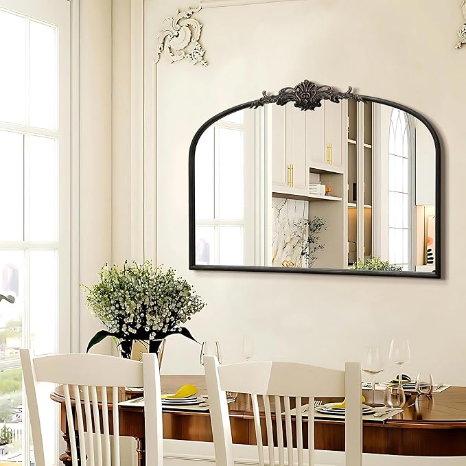 Besdomus Vintage Arched Black Mirror: 32"x24" Large Black Vintage Wall Mounted Mirror - Baroque Traditional Ornate for Living Room/Fireplace/Bathroom- Wall Decor for Interior Designers