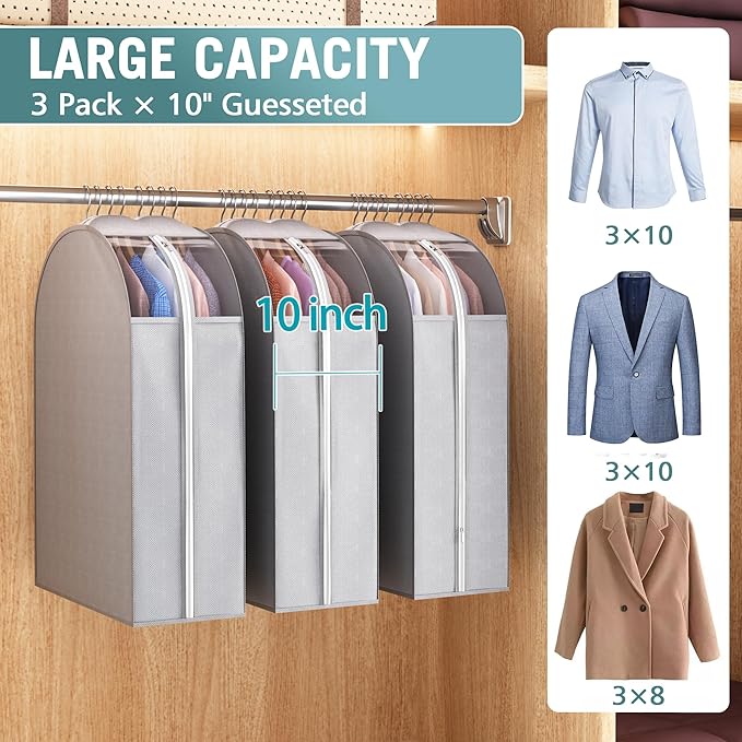 10" Gusseted Garment Bags for Hanging Clothes with Clear Window, 32" Suit Bags for Open Closet Storage, Clothing Cover for Coat, Dress, Jacket, Shirt, Fur Wardrobe Protector, 3 Packs