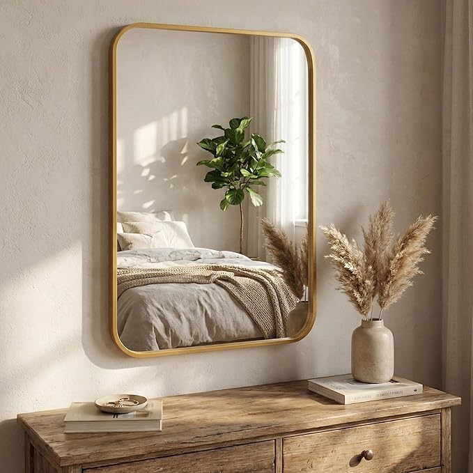 2 Pack Bathroom Mirrors for Over Sink, 22"x30" Gold Framed Vanity Mirror, Rounded Corner Rectangular Metal Mirror for Wall, Mid Century Modern Decor