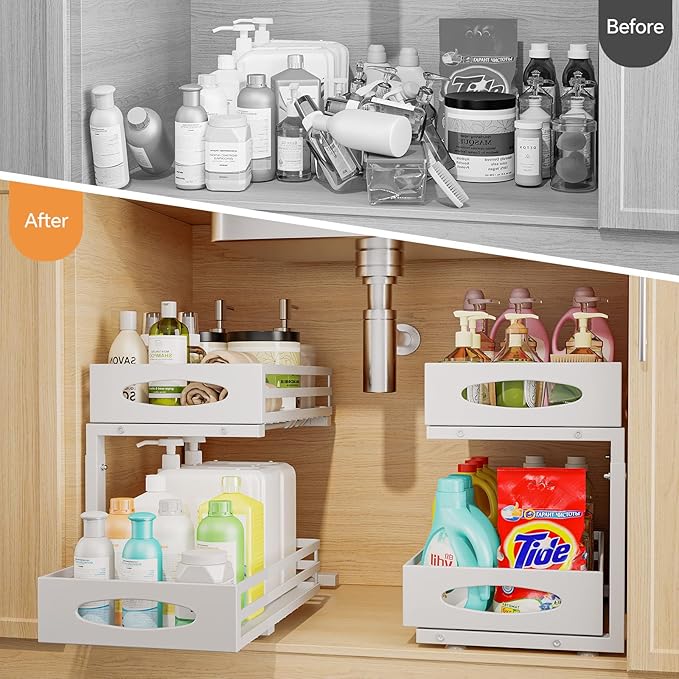 Under Sink Organizer, 2 Tier Under Sink Organizers and Storage, Adjustable Height, Slide out Metal Cabinet Organizers, Pull out Cabinet Storage Drawer Shelf for Kitchen Bathroom White 1Pack