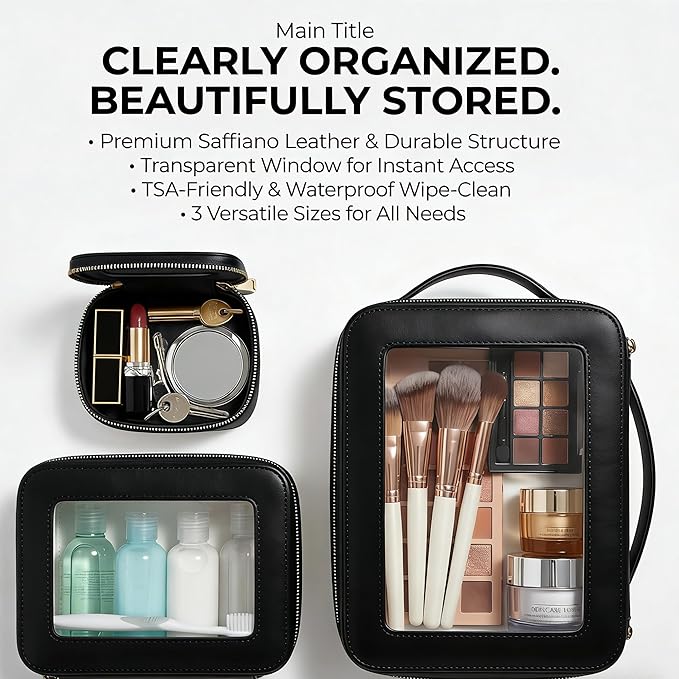 Makeup Bag | Transparent Toiletry Bag | Portable Waterproof Makeup Storage Bag | Travel-Specific Skincare Storage Bag | 2 Sets,L+M+MINI (Black)