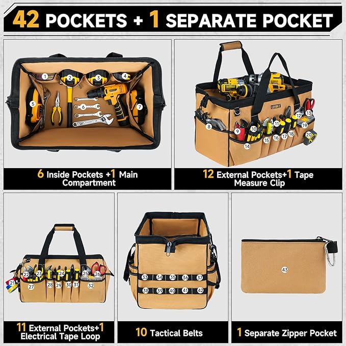 18.5-Inch Tool Bag,43 Pockets Tool Bags for Men,Heavy Duty Tool Box Organizer Storage,Wide Mouth Toolbag Tools Tote Carrying Case for Dad,Mechanic,Electrician,Brown,Bag Only