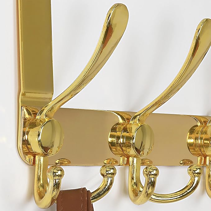 Dseap Over The Door Hook Hanger - Fits 1 3/8" to 1 3/4" Standard Doors | 5 Tri Hooks Heavy Duty Towel/Coat Rack | Door Organizer for Clothes, Jackets, Hats, Towels, Gold, Pack of 2