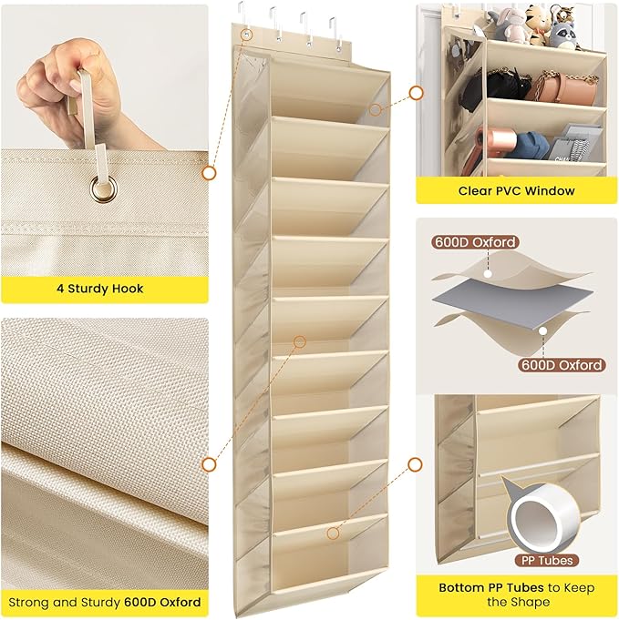 10 Tier Clear Over the Door Shoe Organizer with Deep Pockets, Door Shoes Rack with Hard Tube to Keep the Shape, Hanging Shoe Rack for Closet Organizers & Storage, Behind Door Shoe Holder Beige