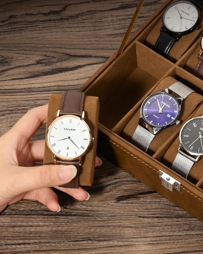 Uten 10-Slot Watch Box, PU Leather Watch Case with Glass Lid, Watch Holder Organizer with Soft Pillow and Velvet Lining, Watch and Jewelry Storage Box