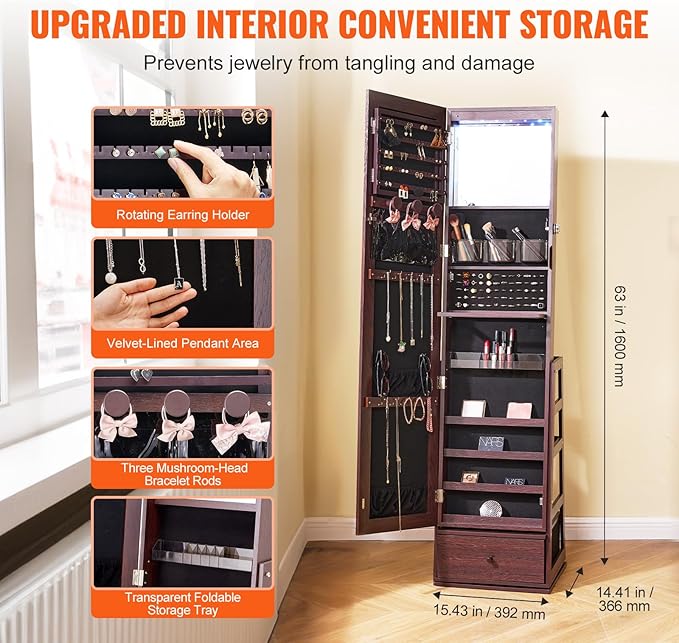 VEVOR 360° Swivel Jewelry Cabinet Armoire, 63-Inch Tall Lockable Jewelry Organizer with Full-Length Mirror, LED Light, Velvet Lining, Drawer, Freestanding, Brown
