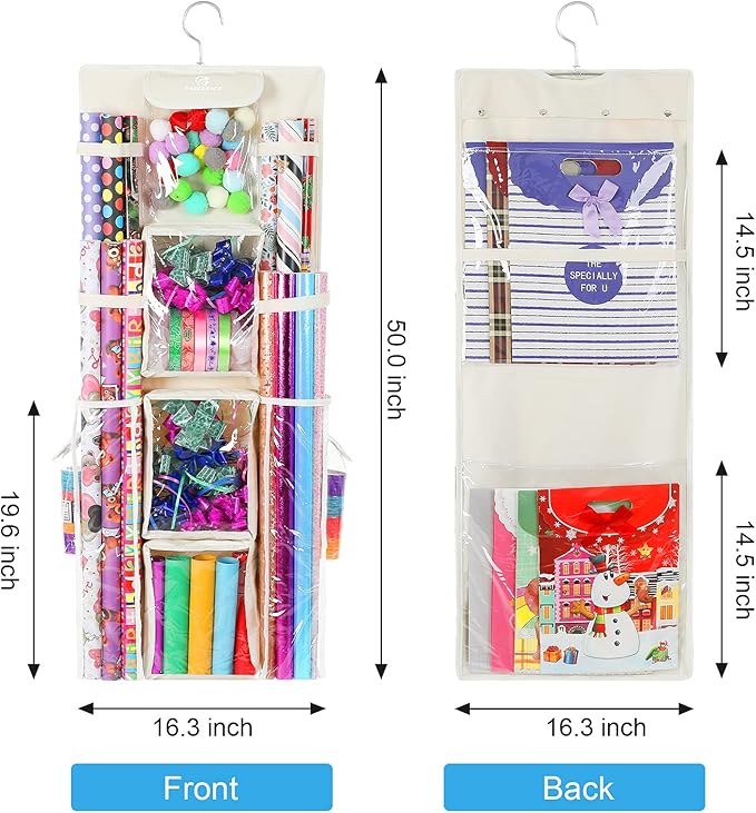 Freegrace Double Sided Hanging Gift Wrap Organizer | Large 16" x 41" Wrapping Paper Rolls Storage Bag | Tearproof & Space Saving Closet Gift Bag Organization Solution (Beige)