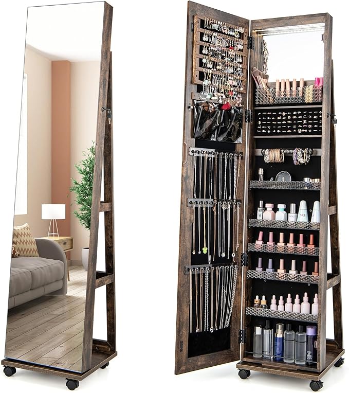 GOFLAME Jewelry Cabinet with Full Length Mirror, Lockable Jewelry Storage Organizer with Wheels, 3-Color LED Lights, Inner Mirror, Freestanding Jewelry Armoire with Rear Storage Shelves, Rustic Brown