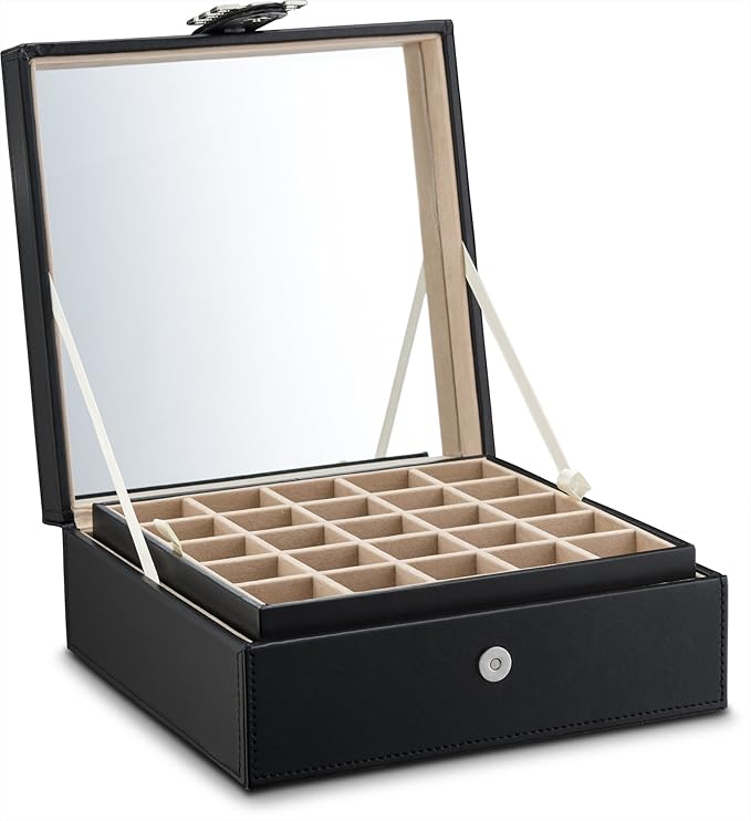 Glenor Co Earring Organizer - Classic 50 Section Jewelry Box/Case/Holder for Earrings, Rings, Necklaces, Jewelry, Cufflinks or Collections -2 Layer Small Compartments with Large Mirror - Black