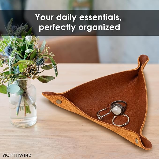 Northwind Personalized Leather Valet Tray – Custom Engraved Full Grain Leather Catchall Tray for Men, Handmade in USA Desk Organizer & Groomsmen Gift, Perfect Storage for Nightstand, Dresser