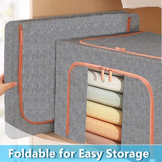 Large Storage Bags,Stackable Clothes Storage Bins with Hold Shape Metal Frame,Foldable Closet Organizer Containers with Zipper,Clear Window,Thick Fabric for Seasonal Clothing,Bedding (3 Pack, 66L)